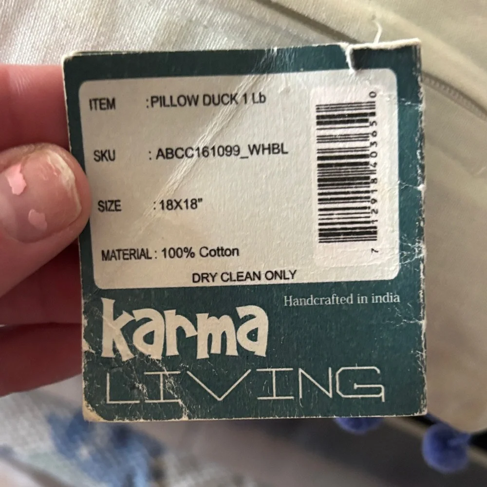 Karma Living hooked Decorative Duck Pillow with Blue Pom Poms! NWT